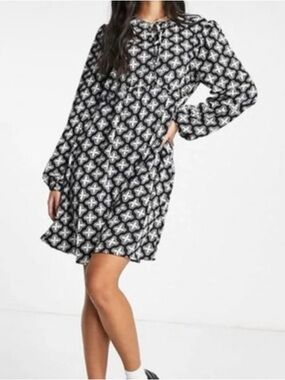 PIECES Sally Floral Mini Dress Medium Black White Tie Neck Long Sleeve